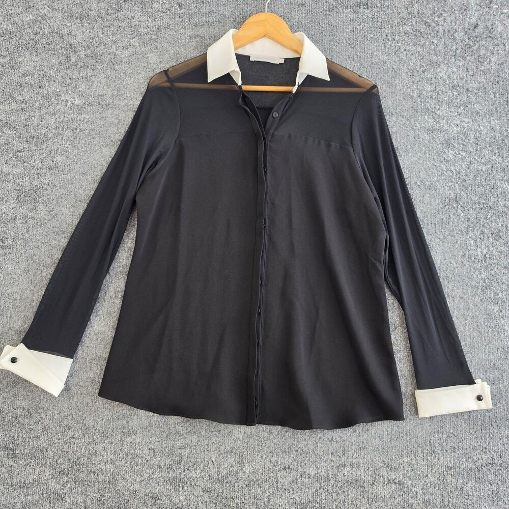 Anne Fontaine Shirt 42 Sheer Mesh Nuage Button Up Black Contrast Collar Office